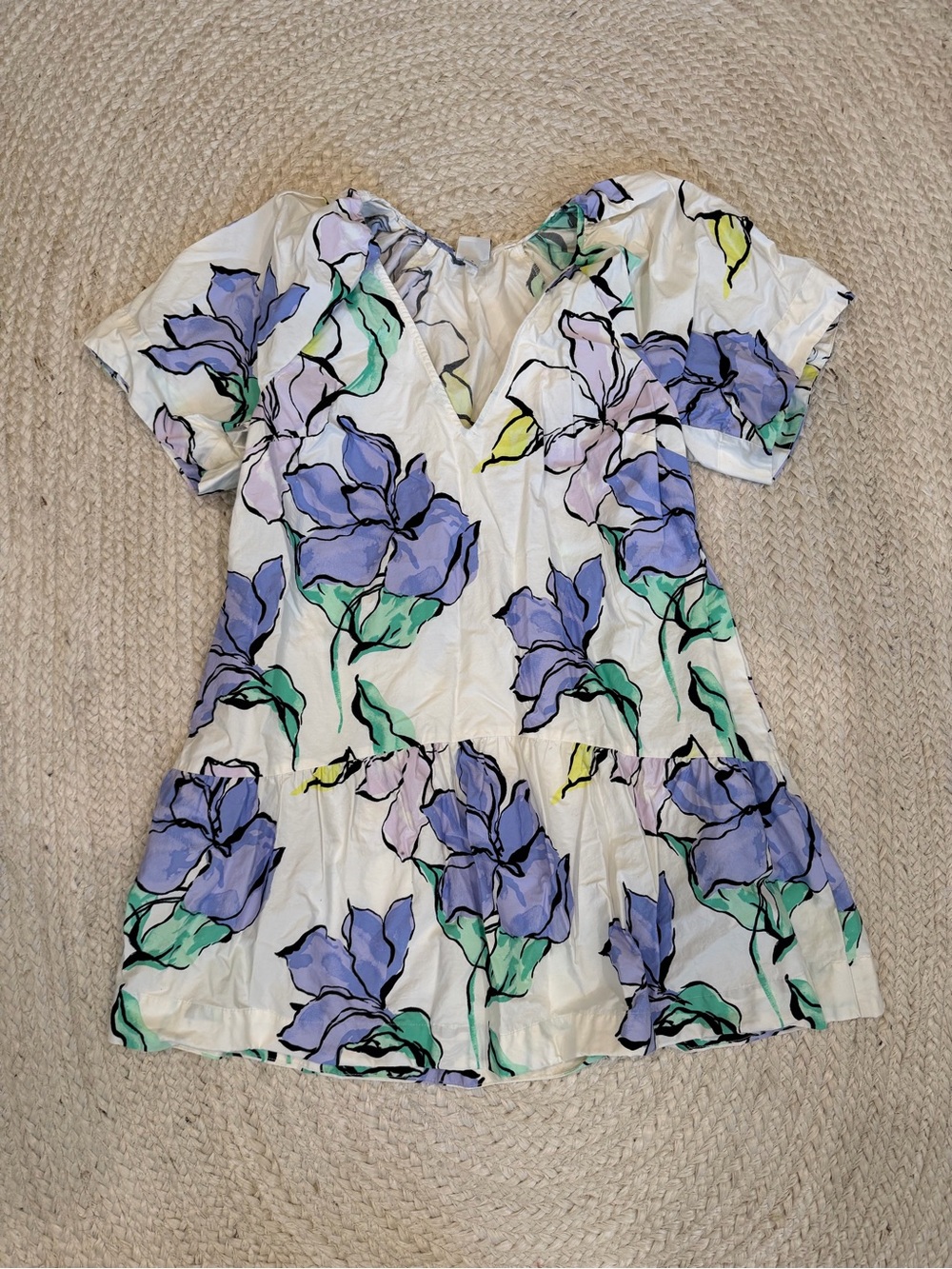 a new day White Mini Dress with Lavender Floral Print and Mint Leaves